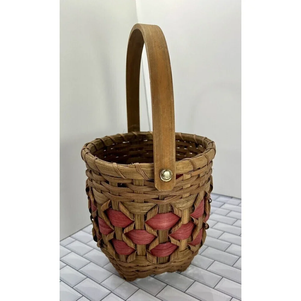 Handmade Curly Berry Basket Round With Handle Natural & Red Farmhouse Country